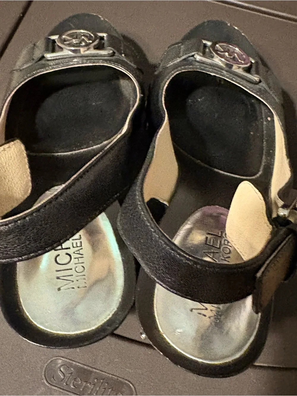 MICHAEL Michael Kors Black Leather Studded Wedge Sandals with Silver MK Logo